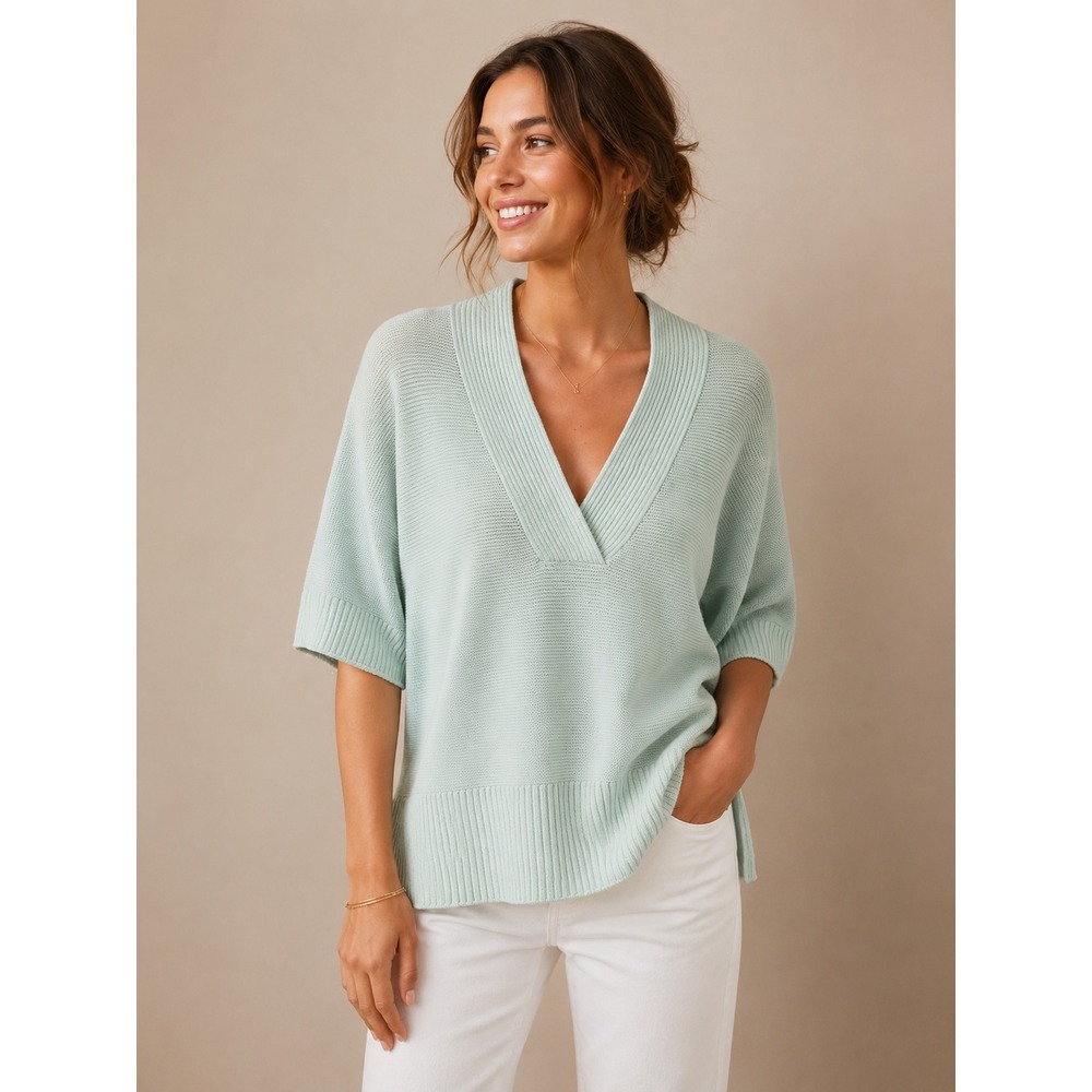 Chico's V-Neck Textured Knit Sweater Size 1 Mint Green Cotton Medium